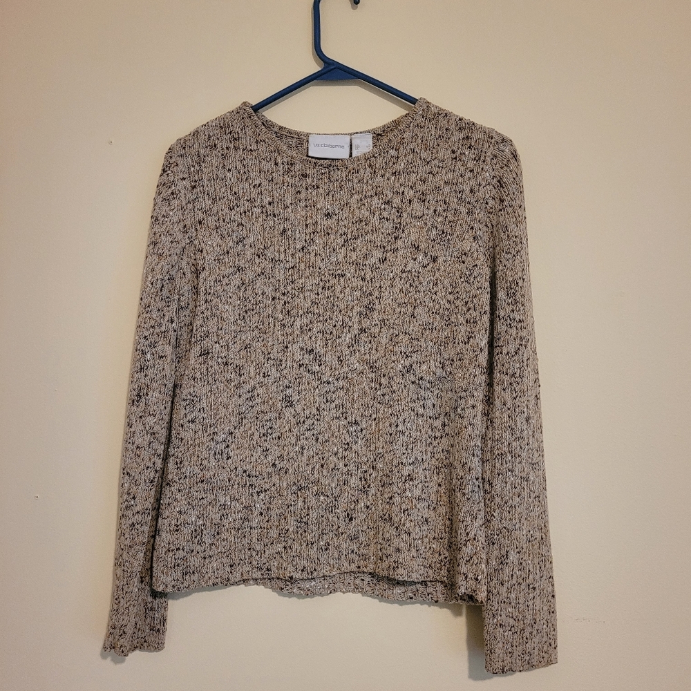Liz Claiborne Cream and Brown Crew Neck Sweater